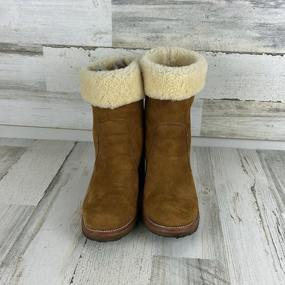 Coach Women’s 9.5 Patsy Chestnut Suede Fleece Heel Designer Ankle Boots - Picture 2 of 8